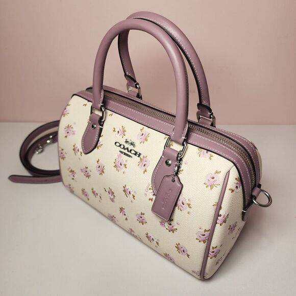 NWT COACH CAL58 ROWAN SATCHEL BAG WITH FLORAL PRINT Purple - Picture 2 of 8